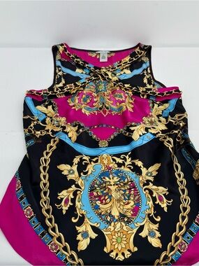 Vintage CACHE Halter Top M Medium  Gold Chain  Floral Print Top Silk